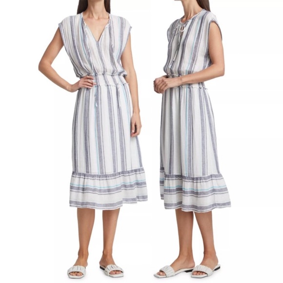 Rails Ashlyn Aegean Blue & White Striped Linen Blend Tie Neck Midi Dress - XS - Picture 4 of 16
